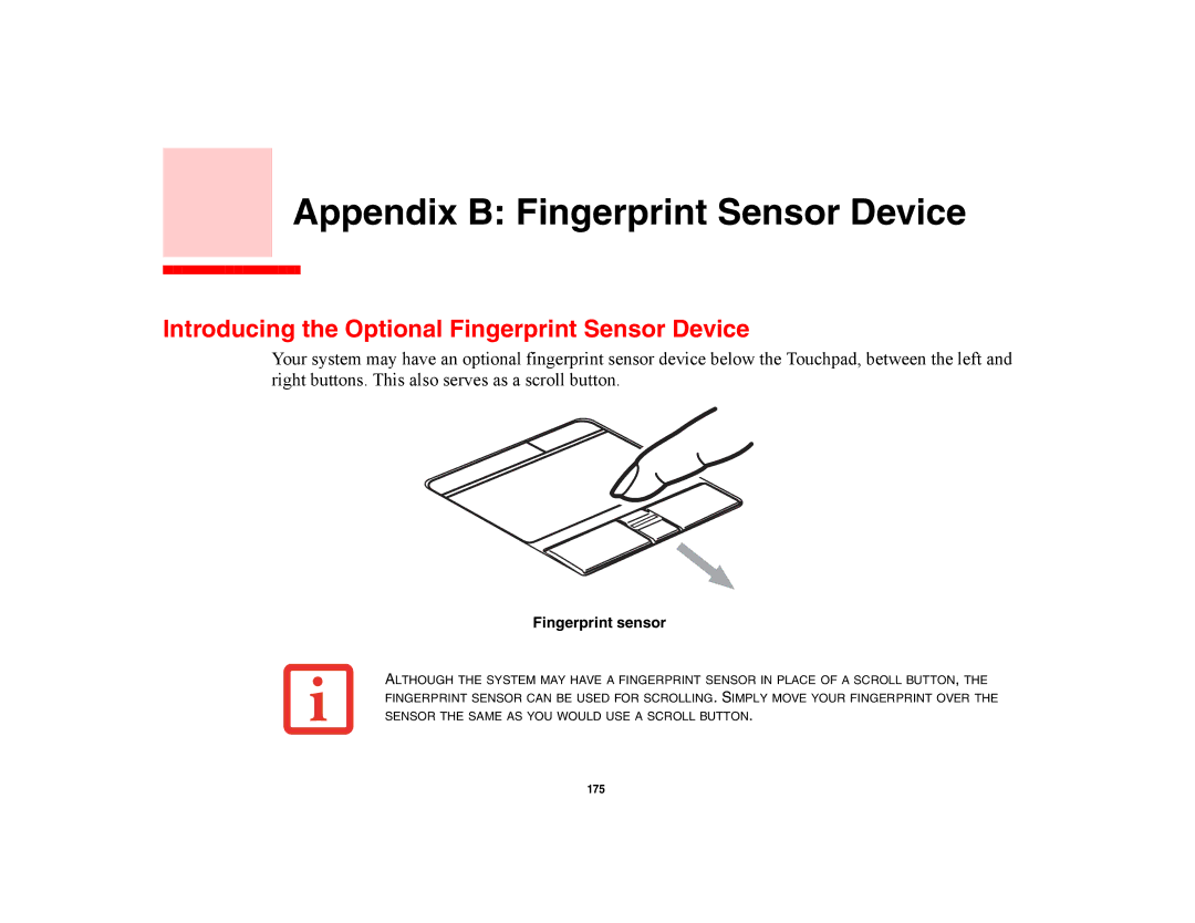 Fujitsu E8420 manual Appendix B Fingerprint Sensor Device, Introducing the Optional Fingerprint Sensor Device 