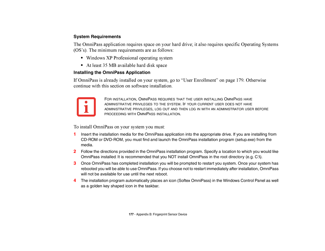 Fujitsu E8420 manual System Requirements, Installing the OmniPass Application 