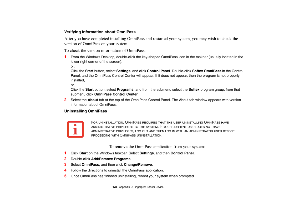 Fujitsu E8420 manual Verifying Information about OmniPass, Uninstalling OmniPass 