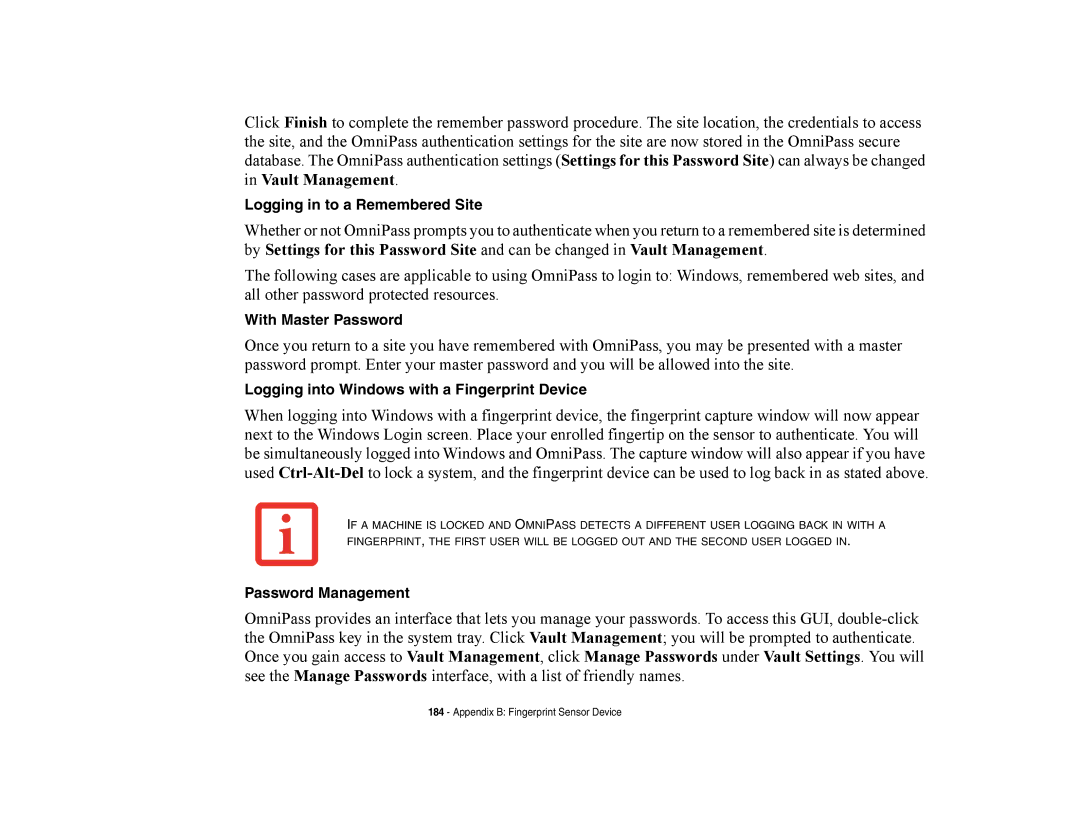 Fujitsu E8420 manual Logging in to a Remembered Site, With Master Password, Logging into Windows with a Fingerprint Device 