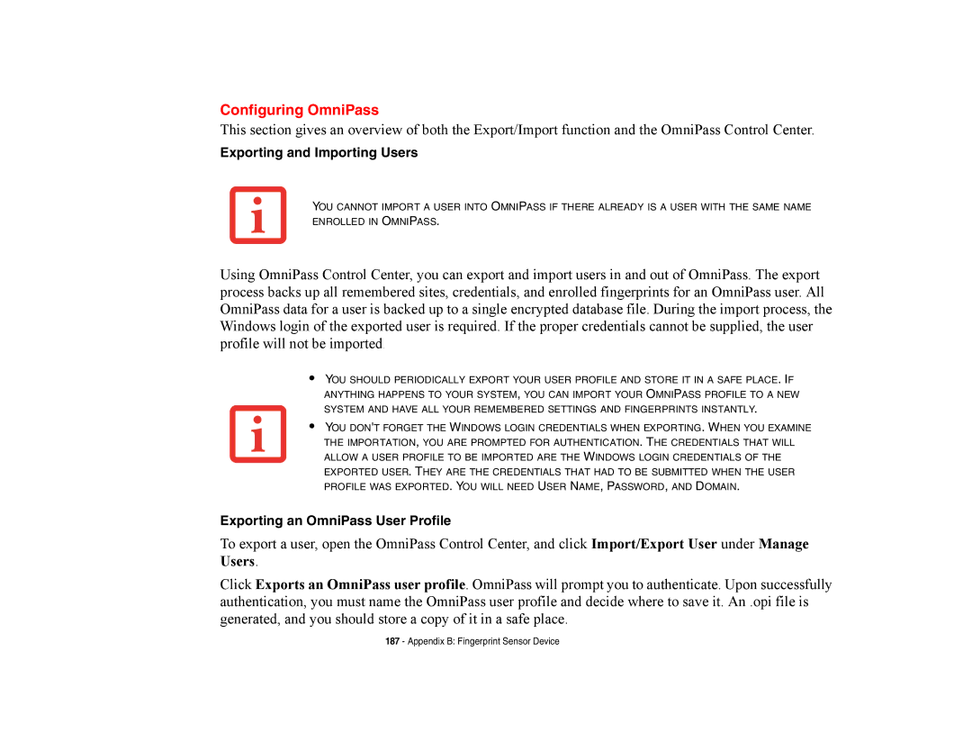 Fujitsu E8420 manual Configuring OmniPass, Exporting and Importing Users, Exporting an OmniPass User Profile 