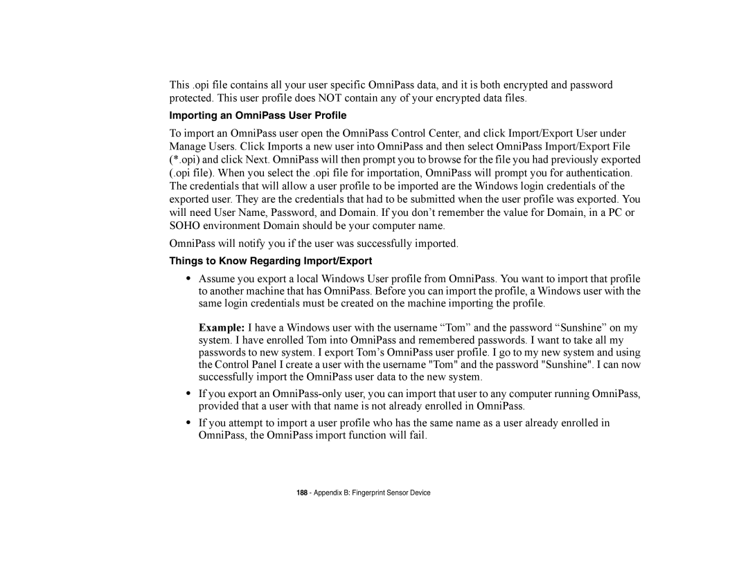 Fujitsu E8420 manual Importing an OmniPass User Profile, Things to Know Regarding Import/Export 