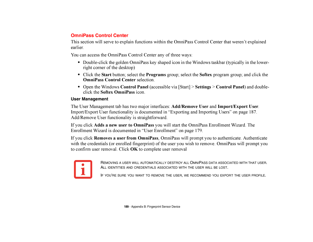 Fujitsu E8420 manual OmniPass Control Center, User Management 