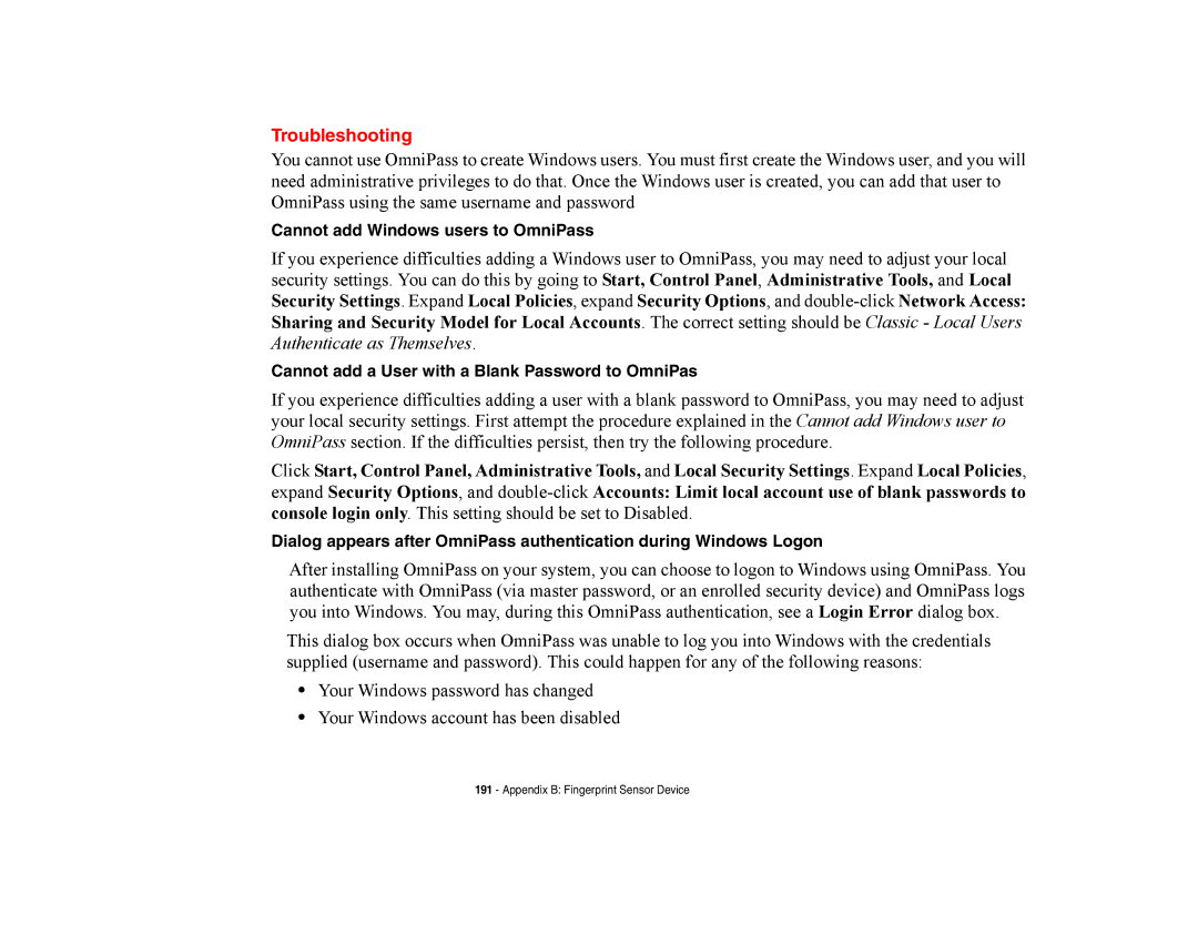 Fujitsu E8420 manual Cannot add Windows users to OmniPass, Cannot add a User with a Blank Password to OmniPas 