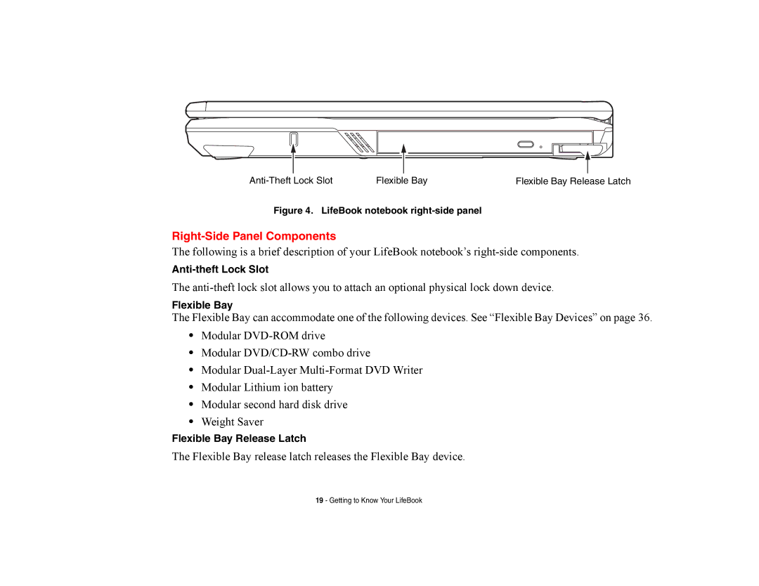 Fujitsu E8420 manual Right-Side Panel Components, Anti-theft Lock Slot, Flexible Bay Release Latch 