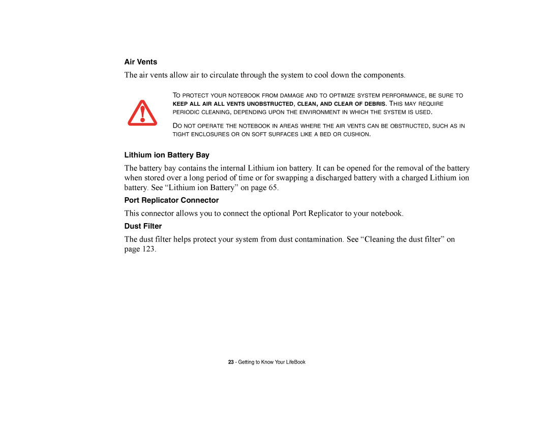 Fujitsu E8420 manual Lithium ion Battery Bay, Port Replicator Connector, Dust Filter 