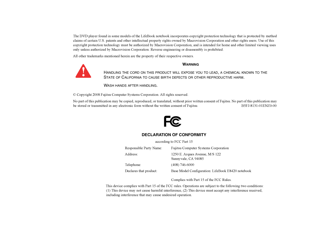 Fujitsu E8420 manual Declaration of Conformity 