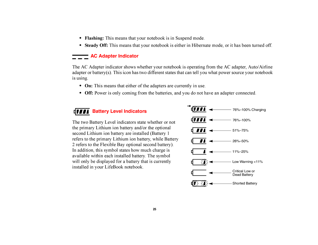 Fujitsu E8420 manual AC Adapter Indicator, Battery Level Indicators 