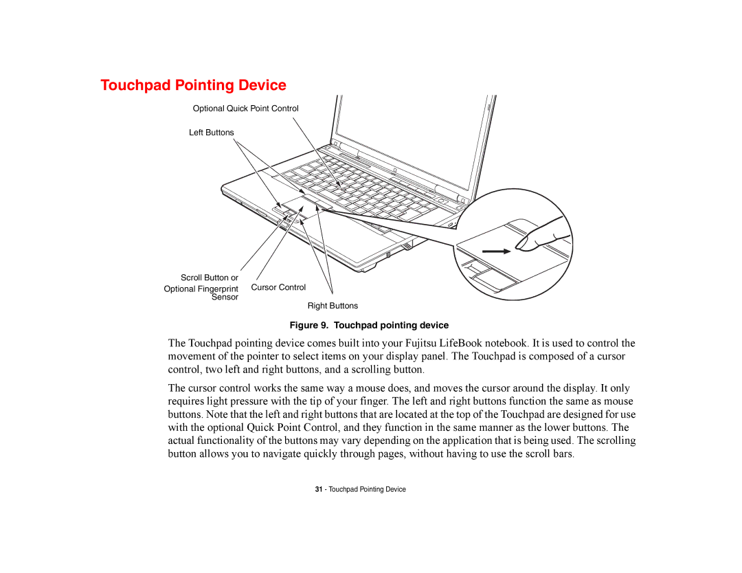 Fujitsu E8420 manual Touchpad Pointing Device, Touchpad pointing device 