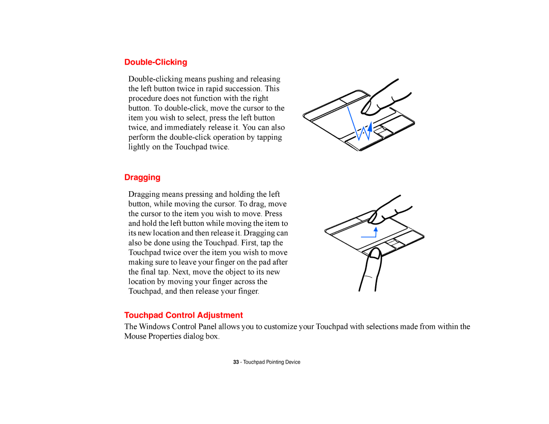 Fujitsu E8420 manual Double-Clicking, Dragging, Touchpad Control Adjustment 