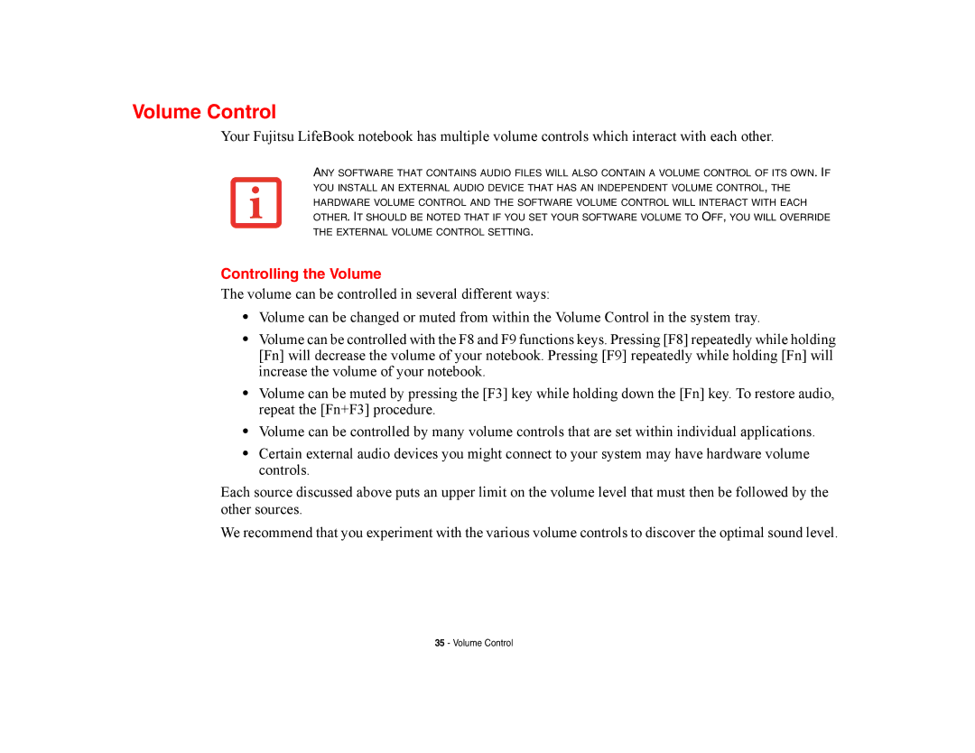 Fujitsu E8420 manual Volume Control, Controlling the Volume 