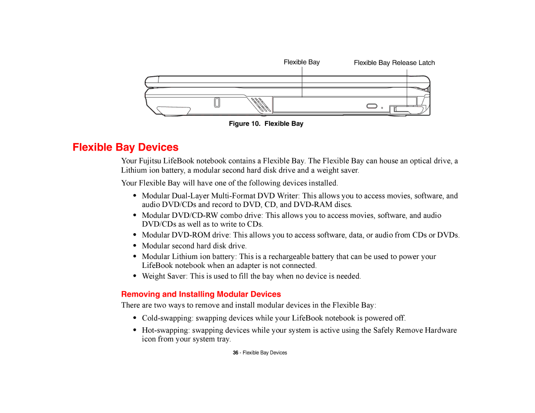 Fujitsu E8420 manual Flexible Bay Devices, Removing and Installing Modular Devices 