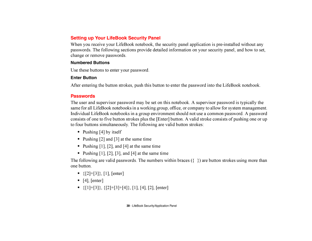 Fujitsu E8420 manual Setting up Your LifeBook Security Panel, Passwords, Numbered Buttons, Enter Button 