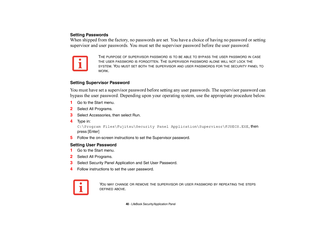 Fujitsu E8420 manual Setting Passwords, Setting Supervisor Password, Setting User Password 