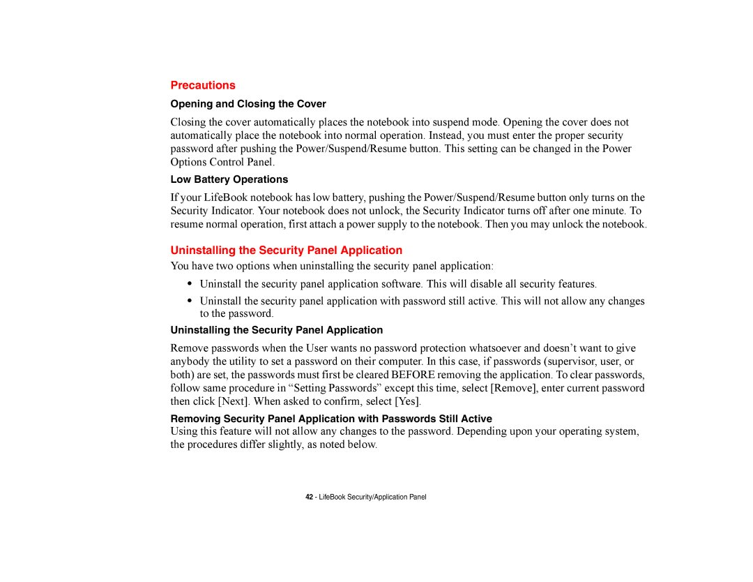 Fujitsu E8420 manual Precautions, Uninstalling the Security Panel Application, Opening and Closing the Cover 