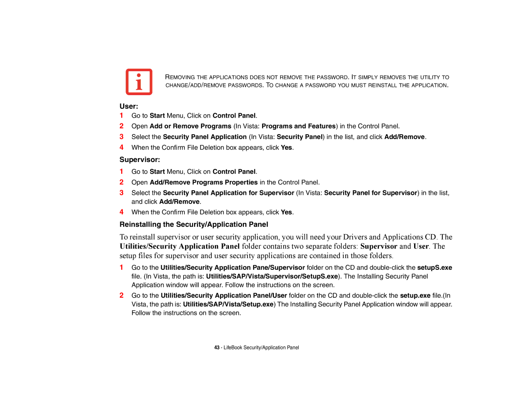 Fujitsu E8420 manual User, Supervisor, Reinstalling the Security/Application Panel 