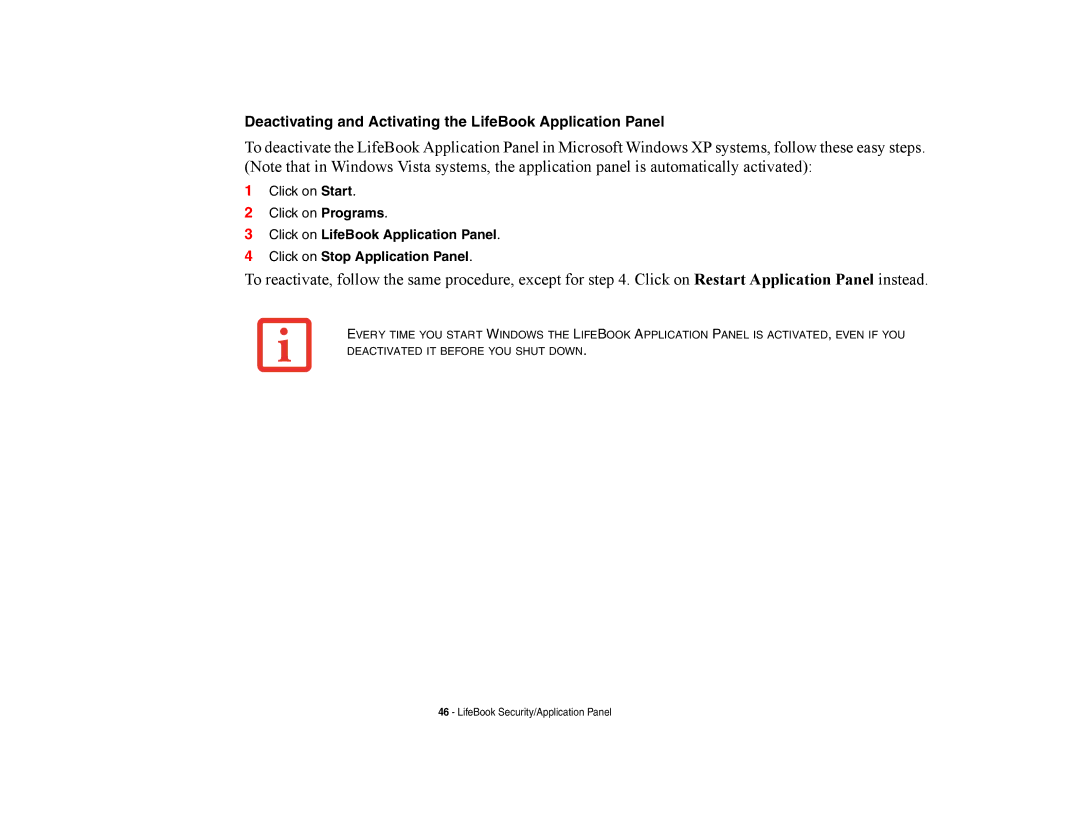 Fujitsu E8420 manual Deactivating and Activating the LifeBook Application Panel 