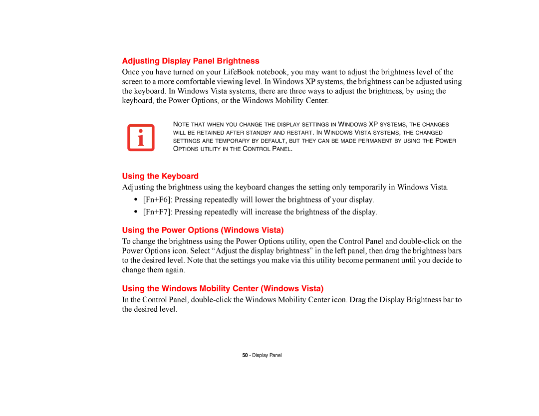 Fujitsu E8420 manual Adjusting Display Panel Brightness, Using the Power Options Windows Vista 