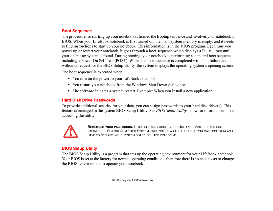 Fujitsu E8420 manual Boot Sequence, Hard Disk Drive Passwords, Bios Setup Utility 