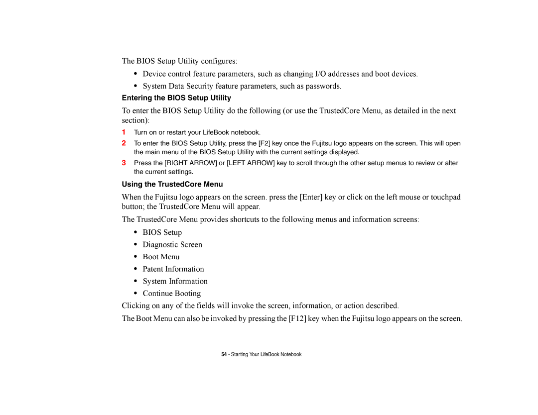 Fujitsu E8420 manual Entering the Bios Setup Utility, Using the TrustedCore Menu 