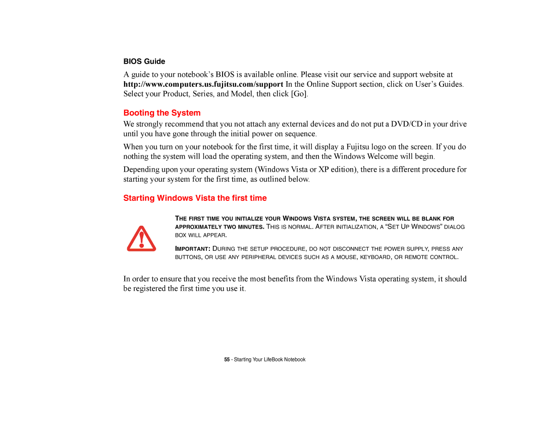 Fujitsu E8420 manual Booting the System, Starting Windows Vista the first time, Bios Guide 