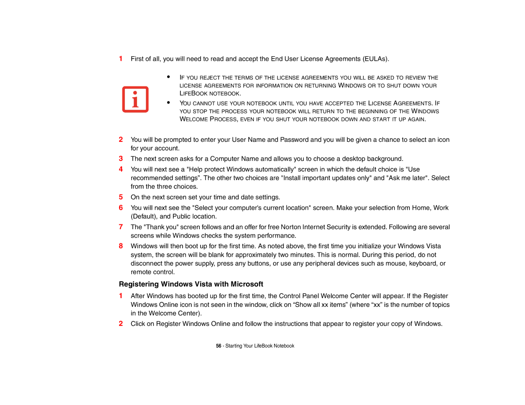 Fujitsu E8420 manual Registering Windows Vista with Microsoft 