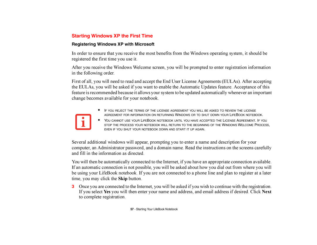 Fujitsu E8420 manual Starting Windows XP the First Time, Registering Windows XP with Microsoft 