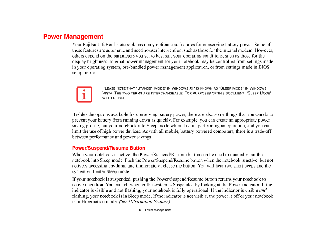 Fujitsu E8420 manual Power Management, Power/Suspend/Resume Button 