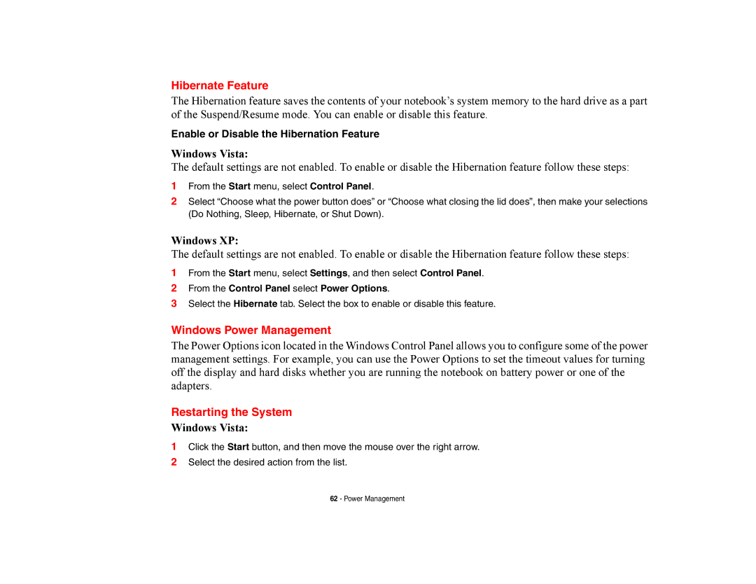 Fujitsu E8420 manual Hibernate Feature, Windows Power Management, Restarting the System 