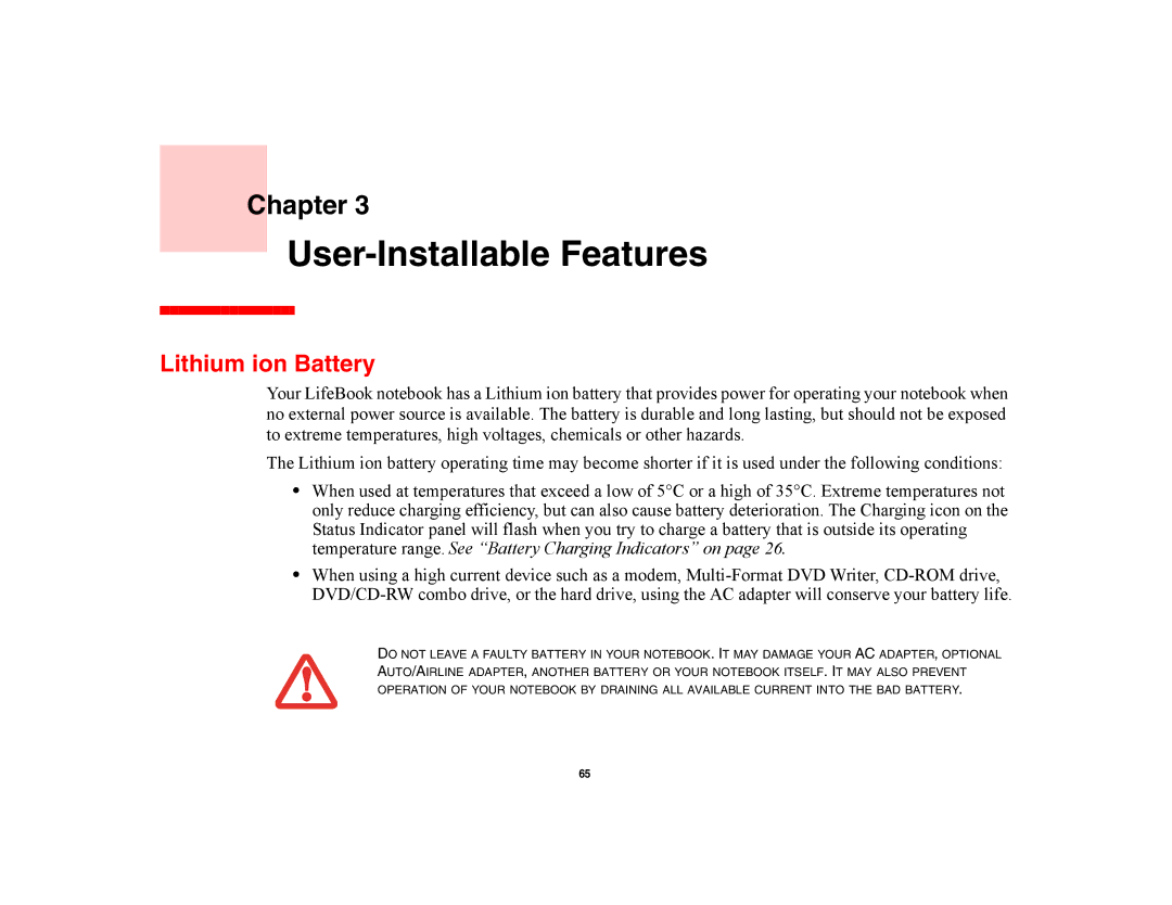 Fujitsu E8420 manual User-Installable Features, Lithium ion Battery 