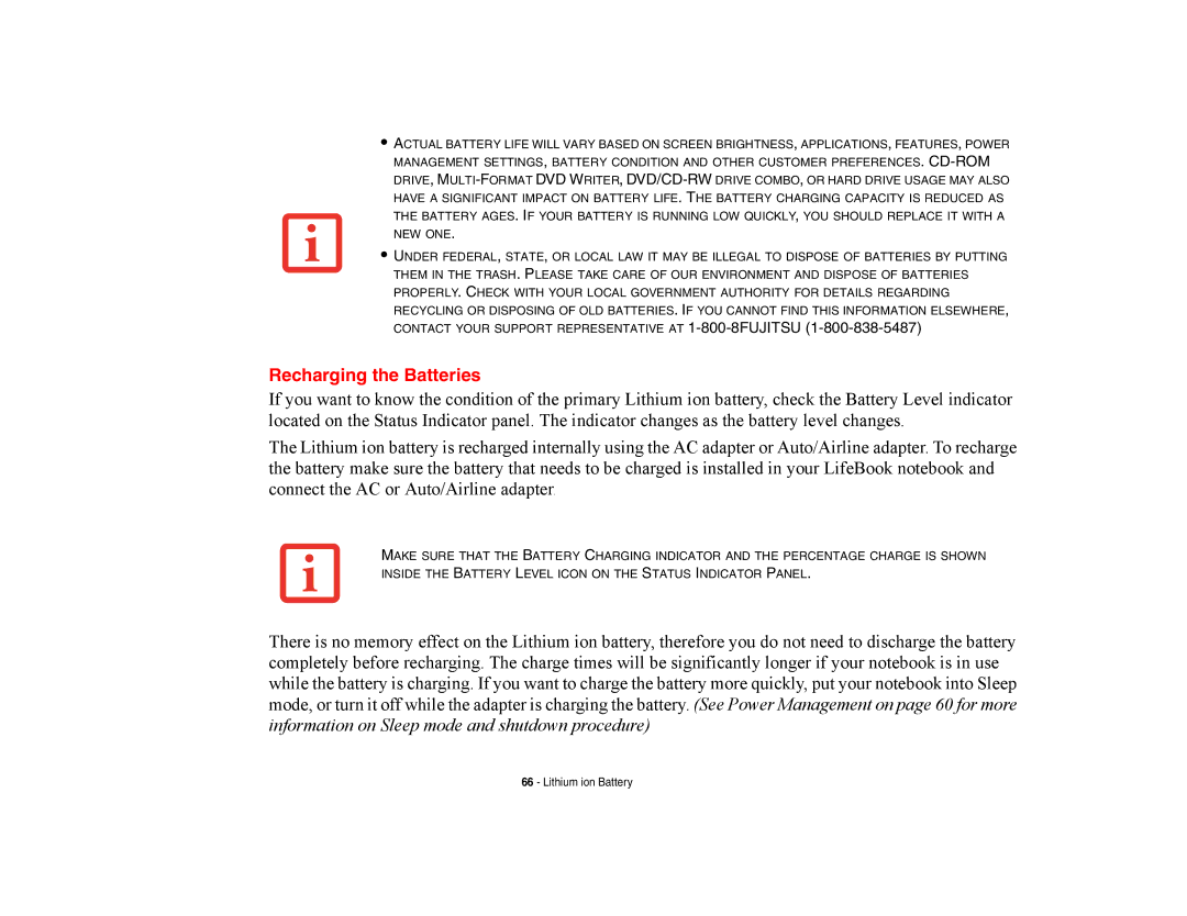 Fujitsu E8420 manual Recharging the Batteries 