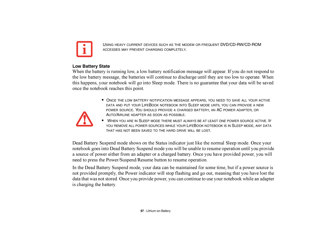 Fujitsu E8420 manual Low Battery State 