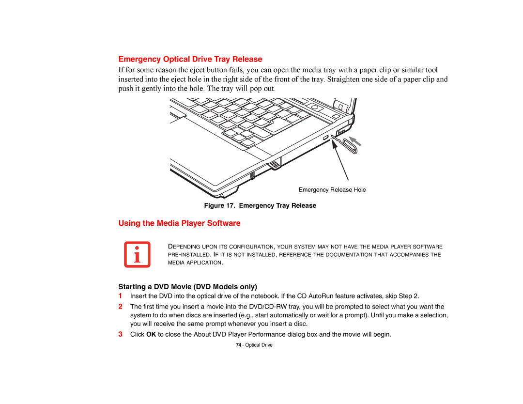 Fujitsu E8420 Emergency Optical Drive Tray Release, Using the Media Player Software, Starting a DVD Movie DVD Models only 