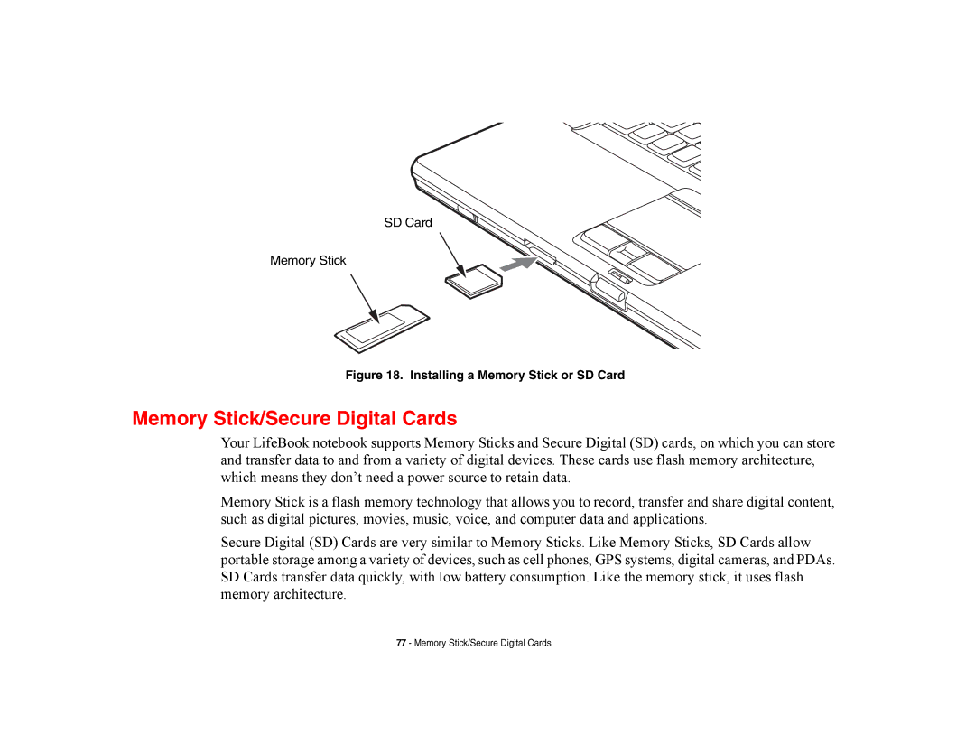 Fujitsu E8420 manual Memory Stick/Secure Digital Cards, Installing a Memory Stick or SD Card 