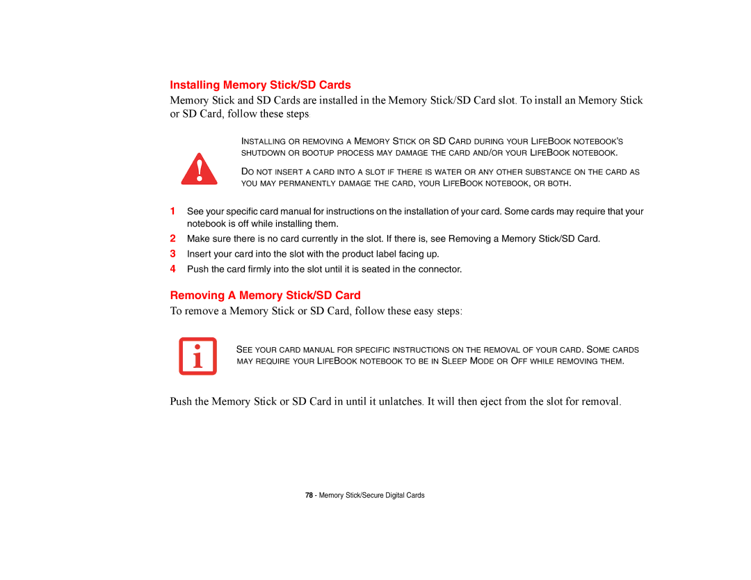 Fujitsu E8420 manual Installing Memory Stick/SD Cards, Removing a Memory Stick/SD Card 