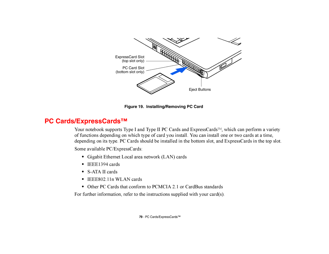 Fujitsu E8420 manual PC Cards/ExpressCards, Installing/Removing PC Card 