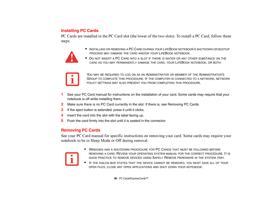 Fujitsu E8420 manual Installing PC Cards, Removing PC Cards 