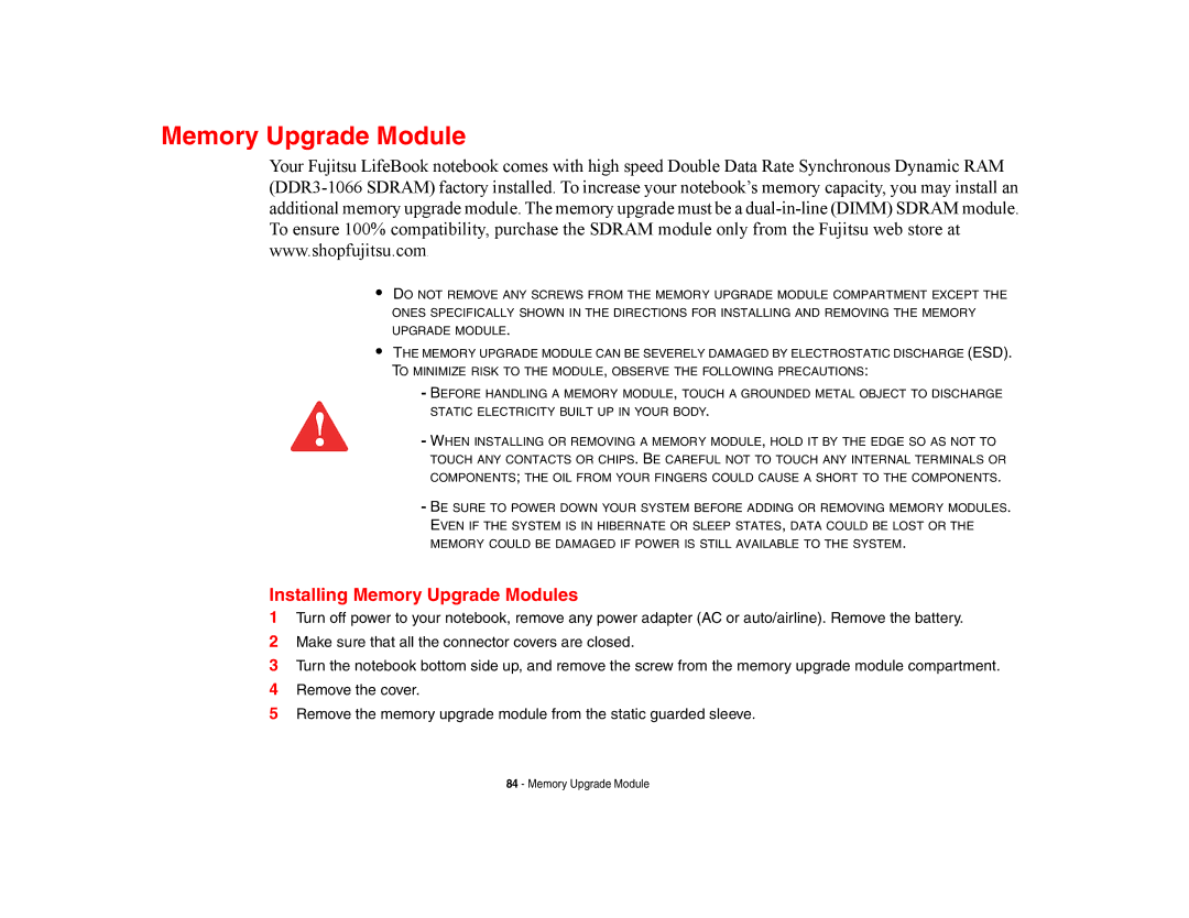 Fujitsu E8420 manual Installing Memory Upgrade Modules 