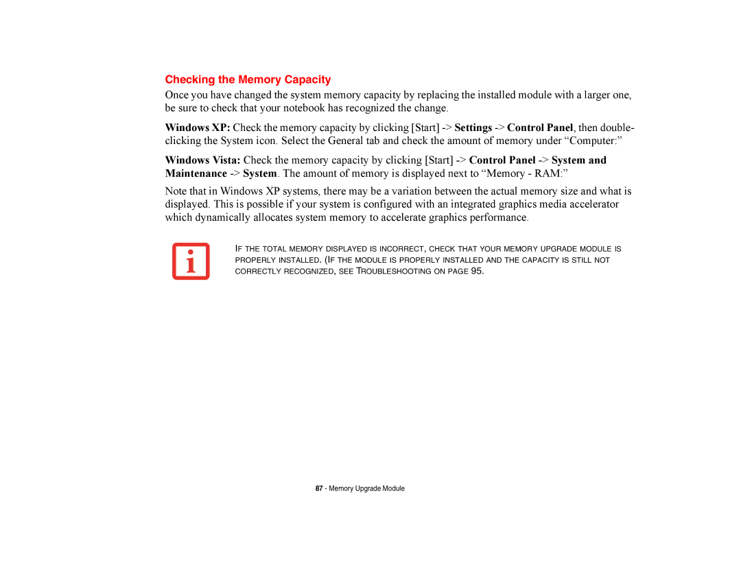 Fujitsu E8420 manual Checking the Memory Capacity 