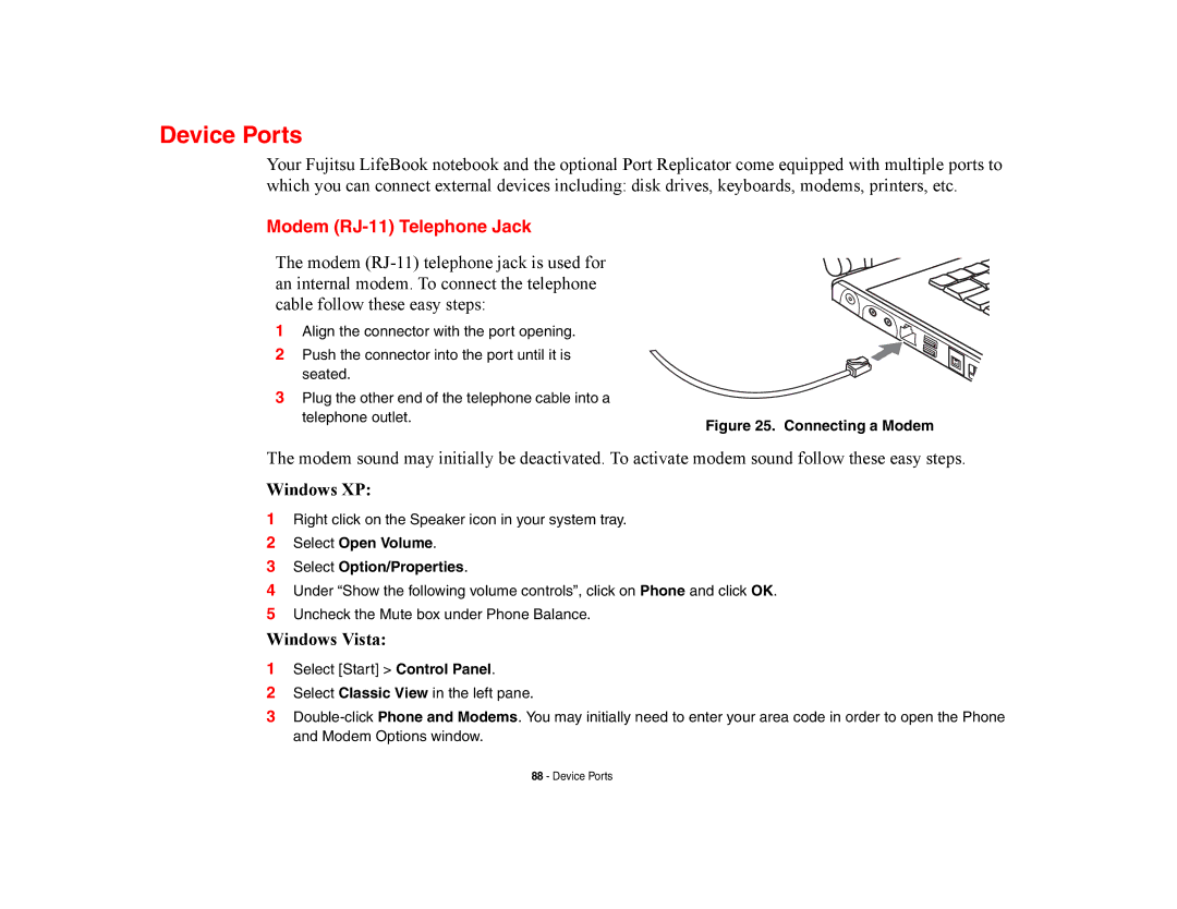 Fujitsu E8420 manual Device Ports, Modem RJ-11 Telephone Jack 