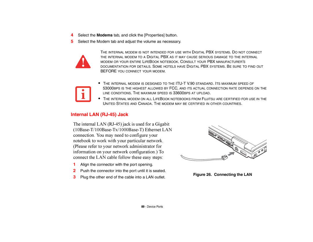 Fujitsu E8420 manual Internal LAN RJ-45 Jack, Connecting the LAN 