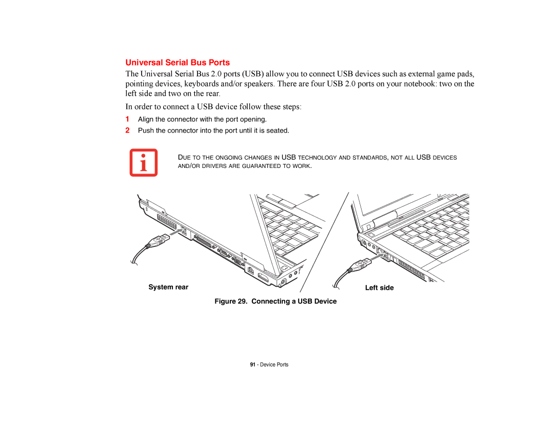 Fujitsu E8420 manual Universal Serial Bus Ports, Connecting a USB Device 