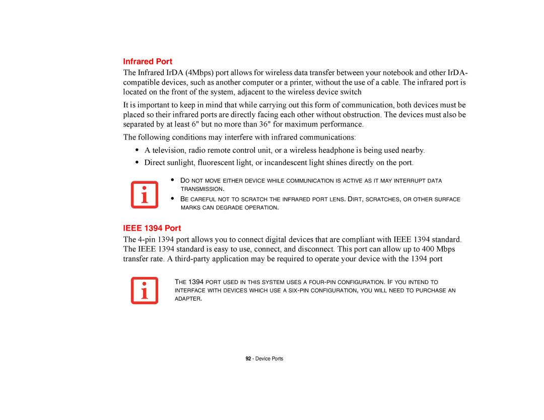 Fujitsu E8420 manual Infrared Port, Ieee 1394 Port 