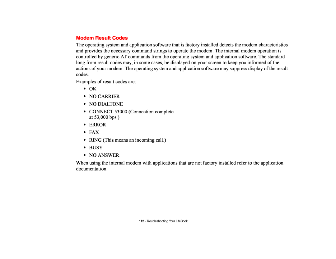 Fujitsu E8420 manual Modem Result Codes 