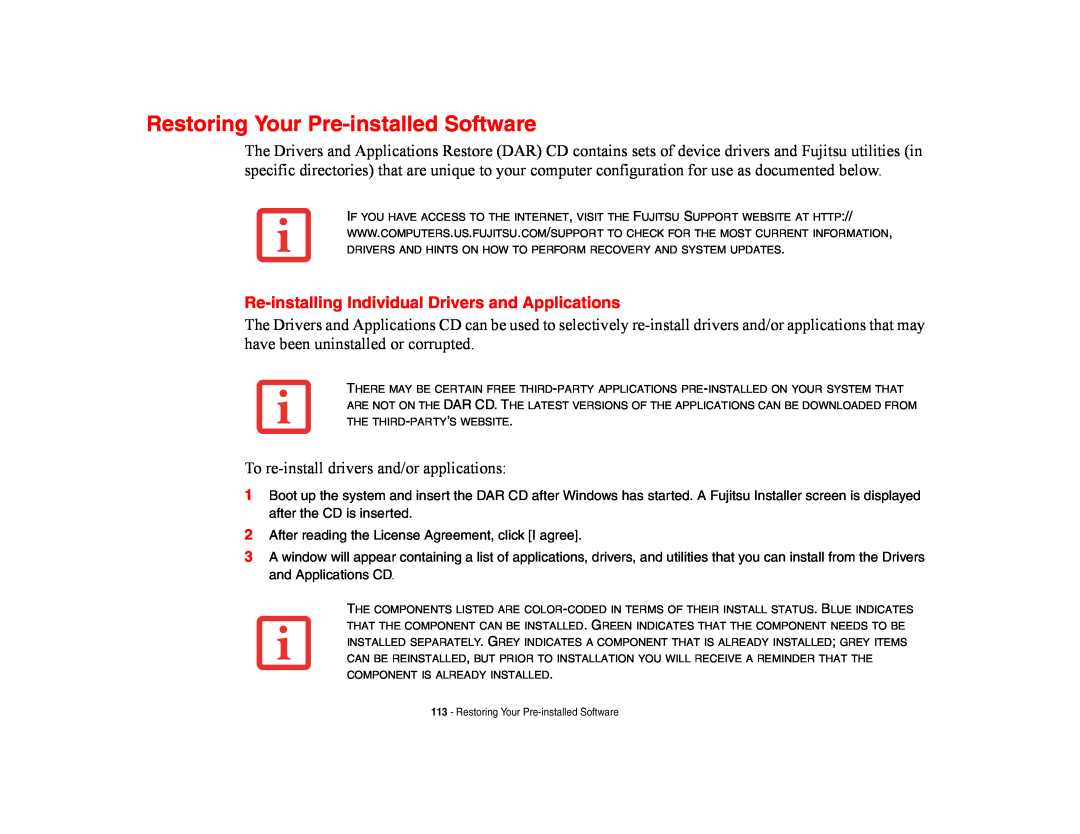 Fujitsu E8420 manual Restoring Your Pre-installed Software, Re-installing Individual Drivers and Applications 