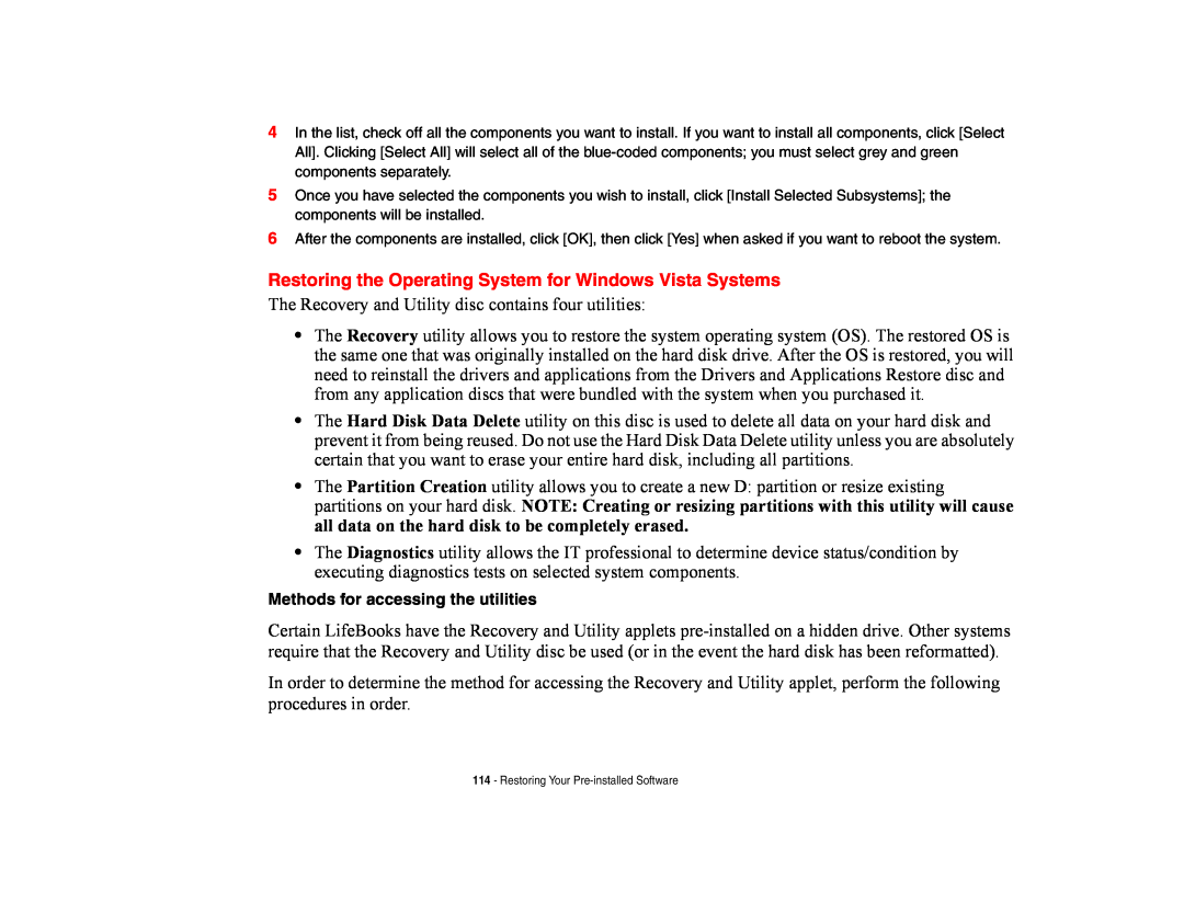 Fujitsu E8420 manual Restoring the Operating System for Windows Vista Systems 