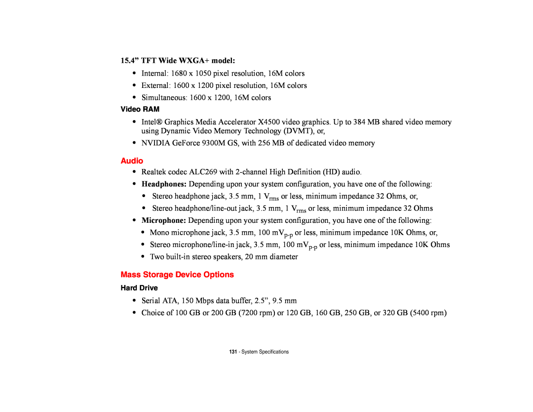 Fujitsu E8420 manual Audio, Mass Storage Device Options, 15.4” TFT Wide WXGA+ model 