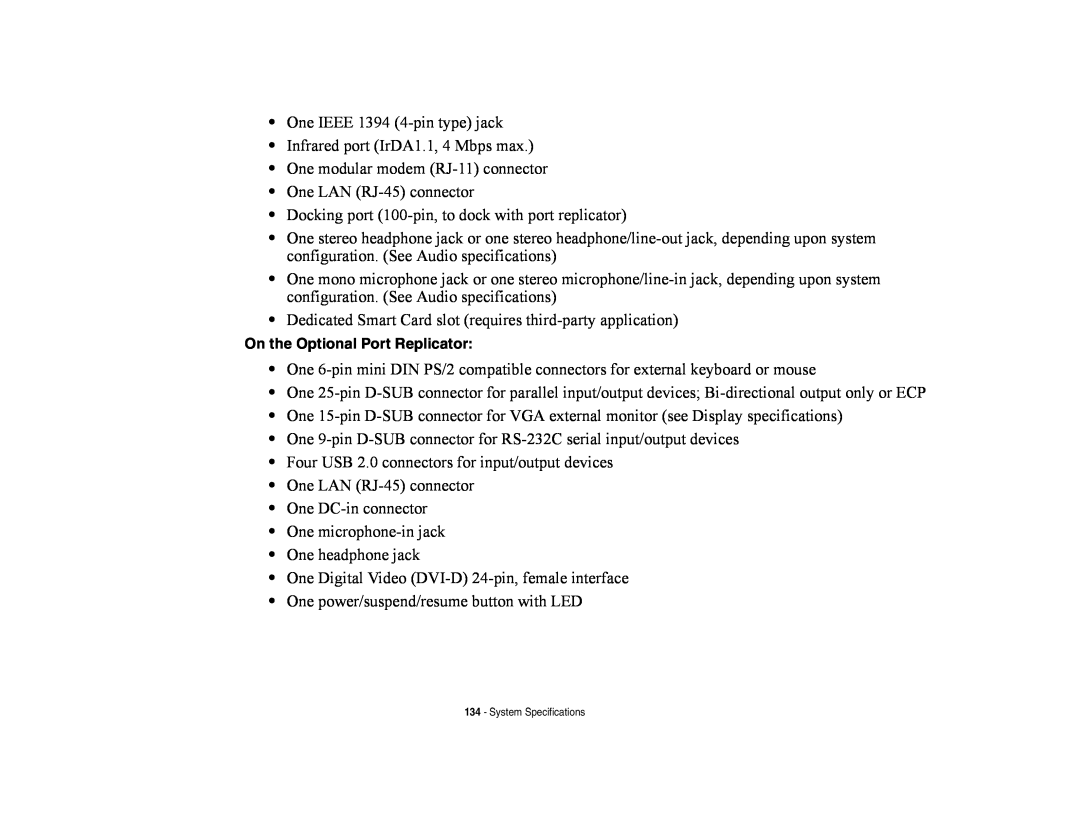 Fujitsu E8420 manual On the Optional Port Replicator, System Specifications 