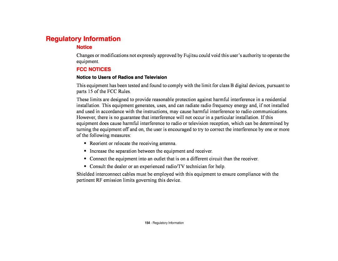 Fujitsu E8420 manual Regulatory Information, Fcc Notices 