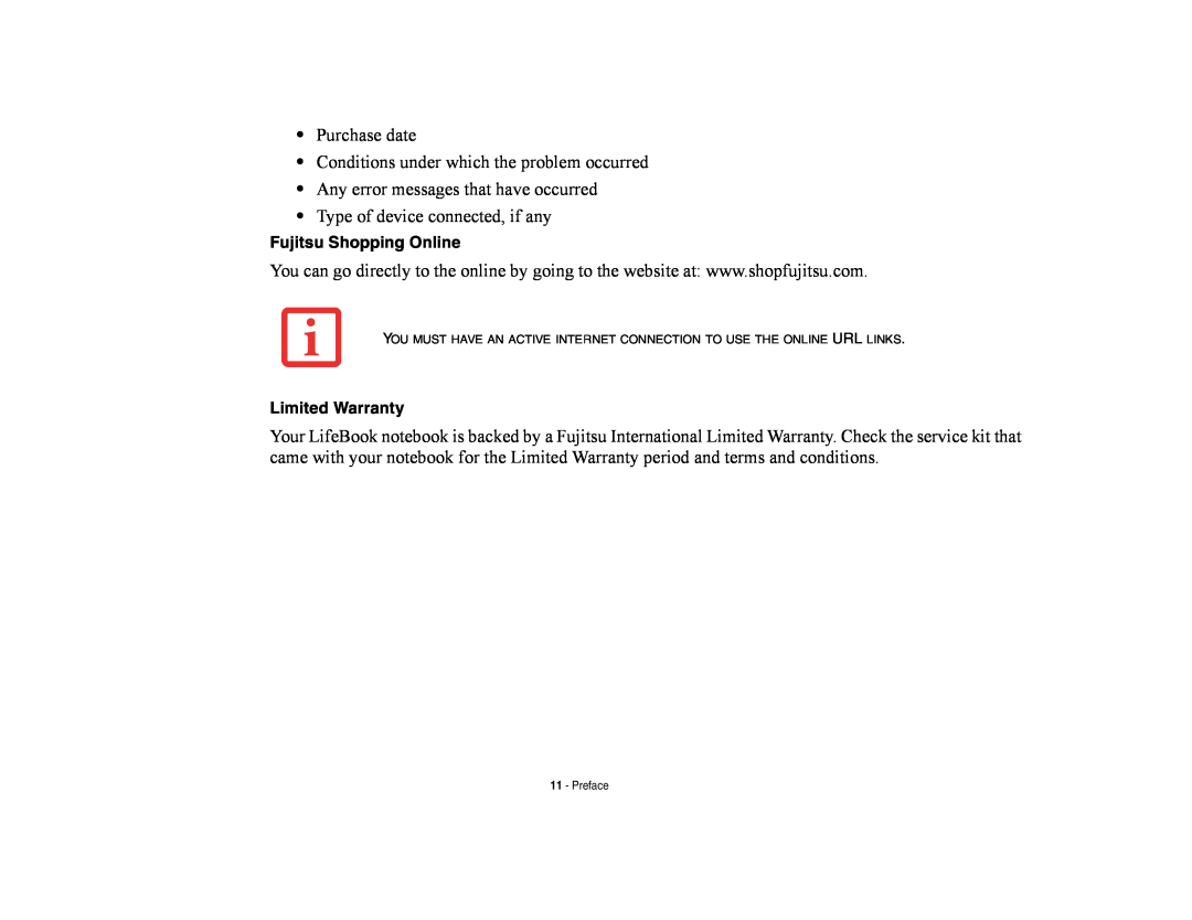 Fujitsu E8420 manual Purchase date Conditions under which the problem occurred 